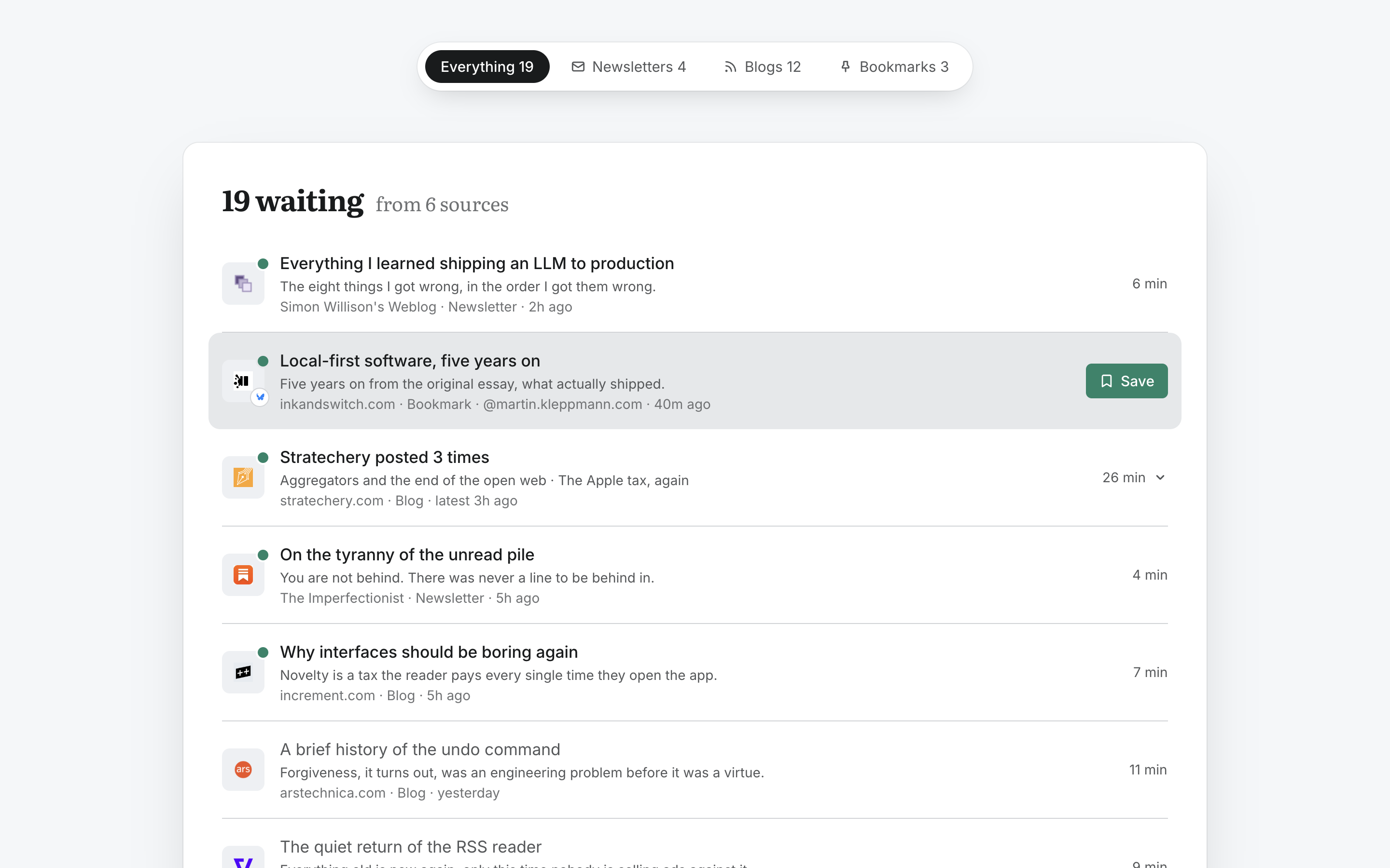 The Arrivals list: nineteen waiting from six sources, a bookmarked post highlighted with its Save button, and a run of three posts from one blog