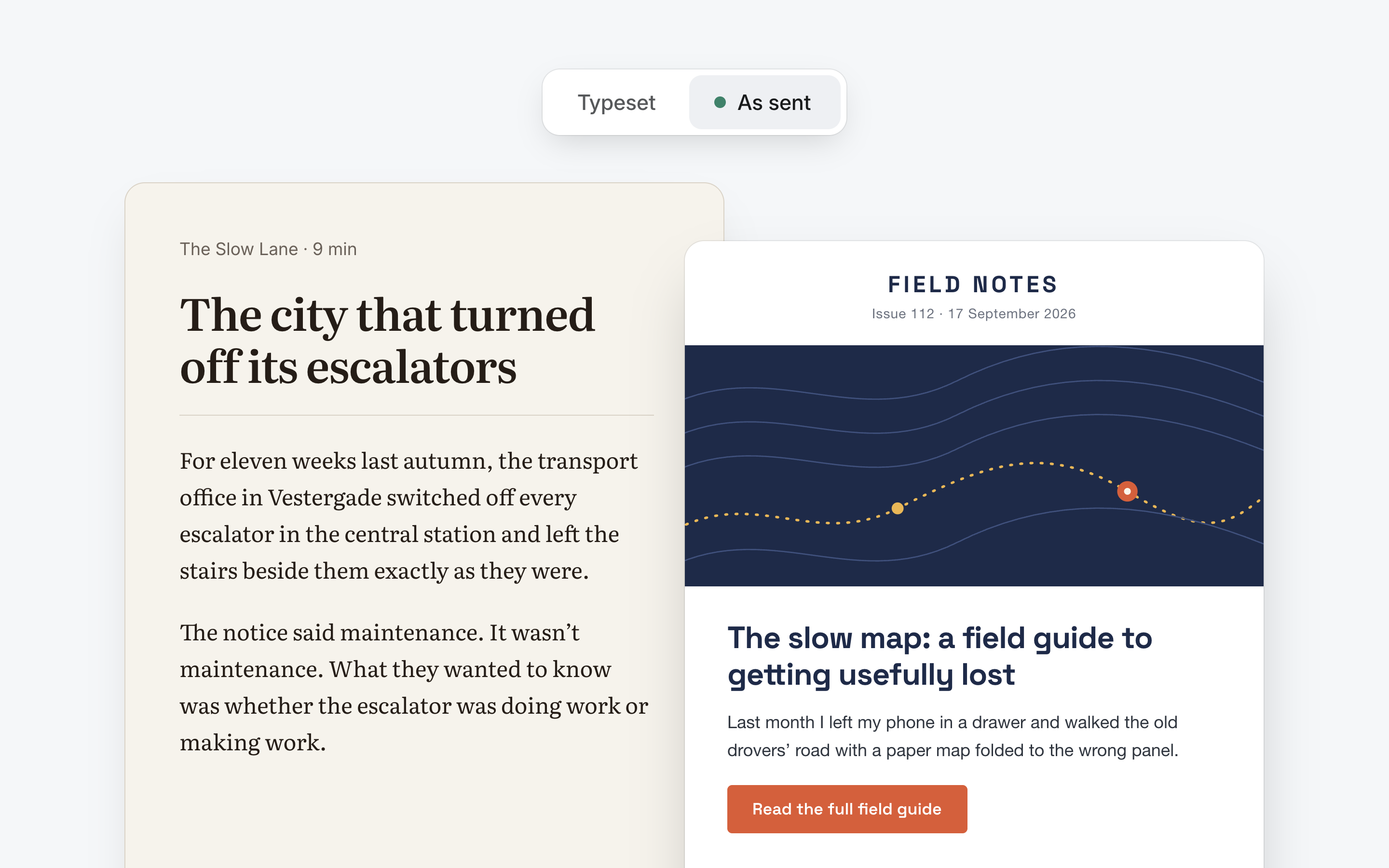 A newsletter issue in Toread's own type beside the same kind of issue shown as it was sent, with the Typeset and As sent toggle above them