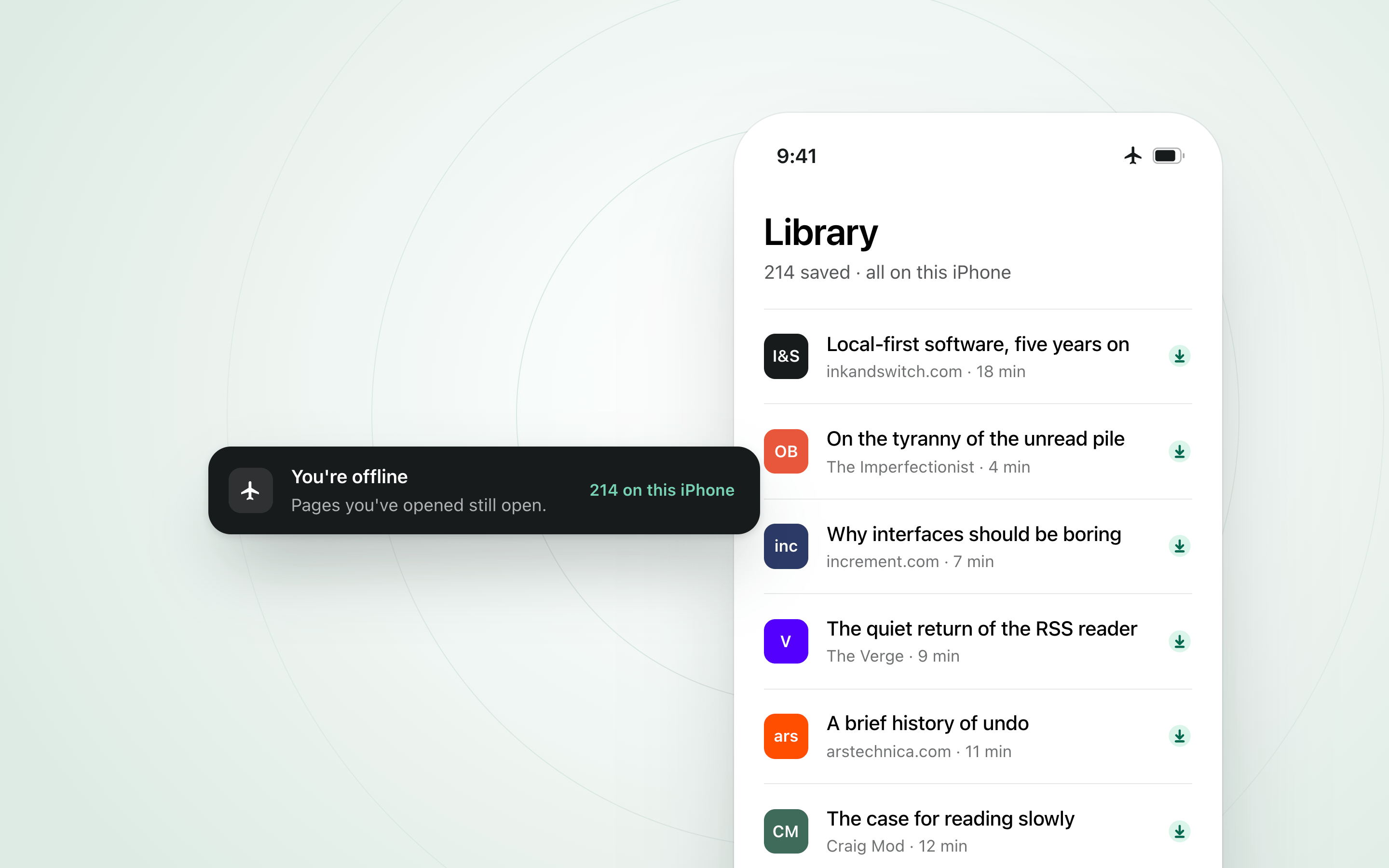 The Toread library on an iPhone in airplane mode, every article downloaded, beside a “You're offline” notice