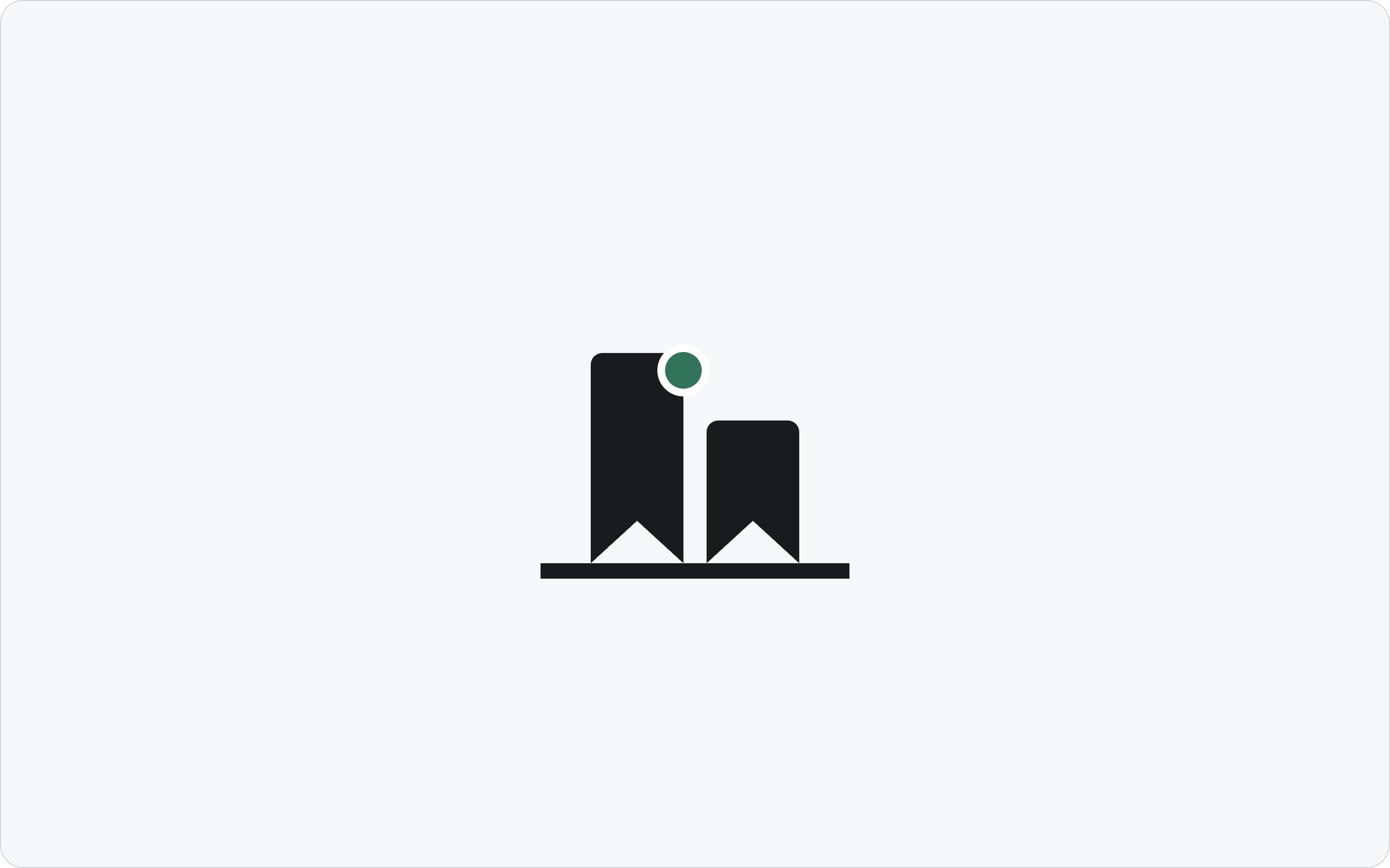 Two solid black bookmark ribbons standing on a shelf line like books, with one green dot at the taller one's shoulder