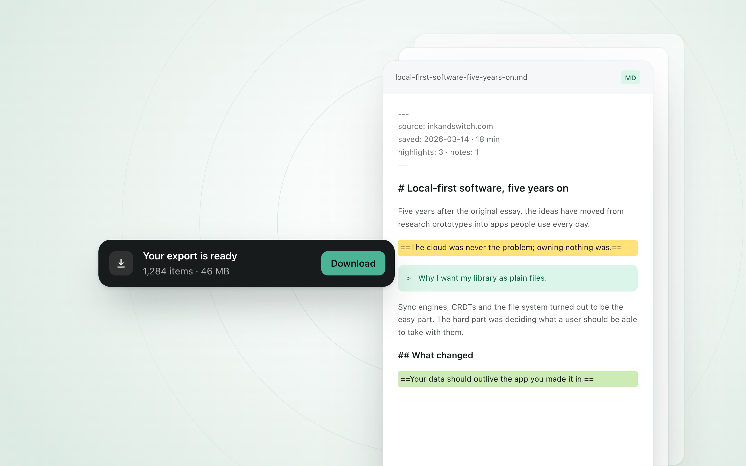 An exported Markdown file with the article's text, two highlights and a note, beside an “Your export is ready” notice with a Download button