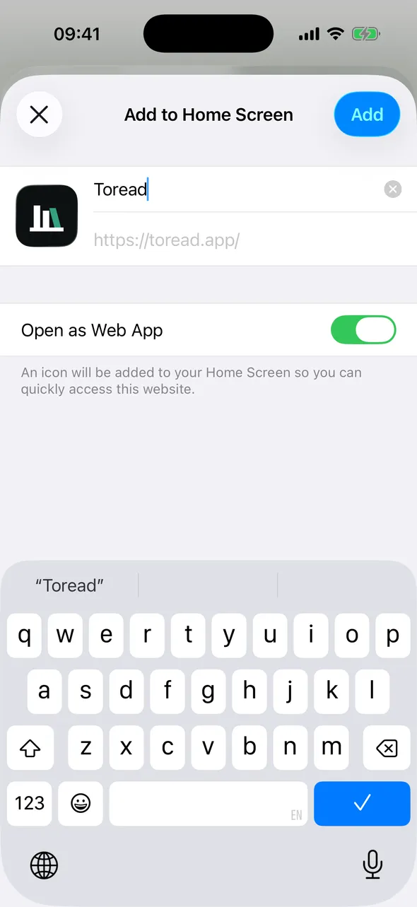 The Add to Home Screen sheet showing the Toread icon and the Open as Web App toggle switched on.